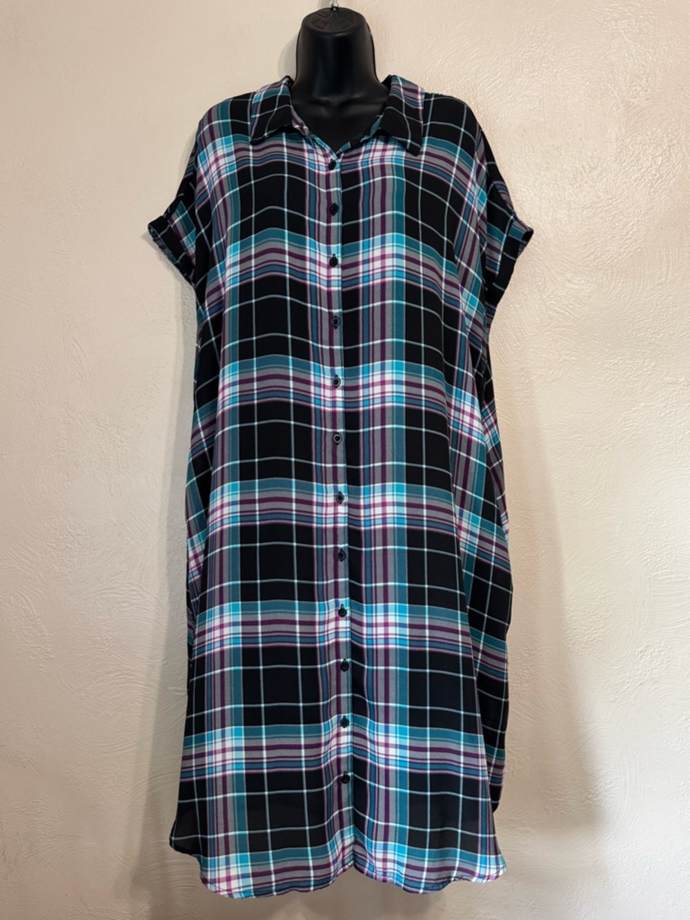 torrid Black Plaid Button-Front Swim Coverup with Teal & Purple Stripes